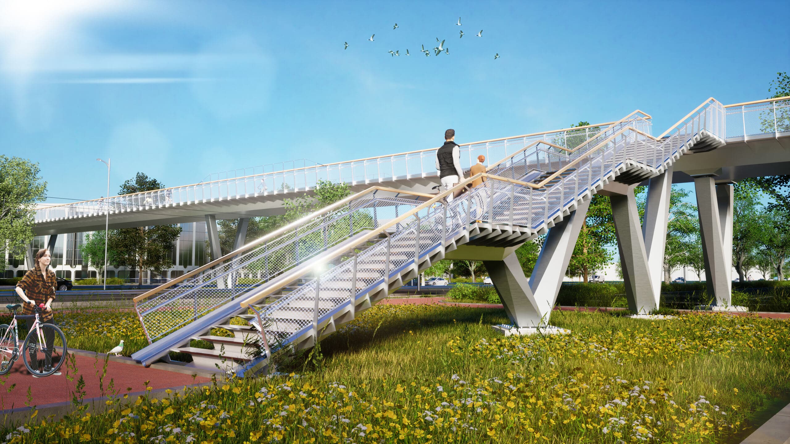 Render van de stalen fietsbrug bij de A201: trappen naar het brugdek op V-vormige kolommen, met fietsers en bloemrijke bermen op de voorgrond