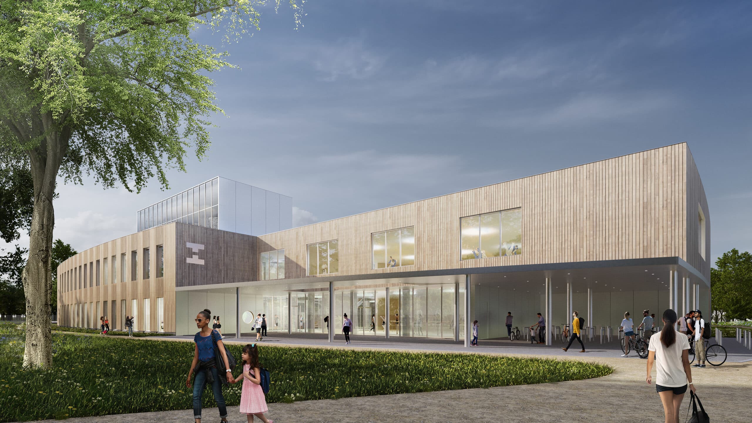 Render van het sportcomplex in het Stadspark van Turnhout met houten gevelbekleding en veel glas tussen volwassen bomen
