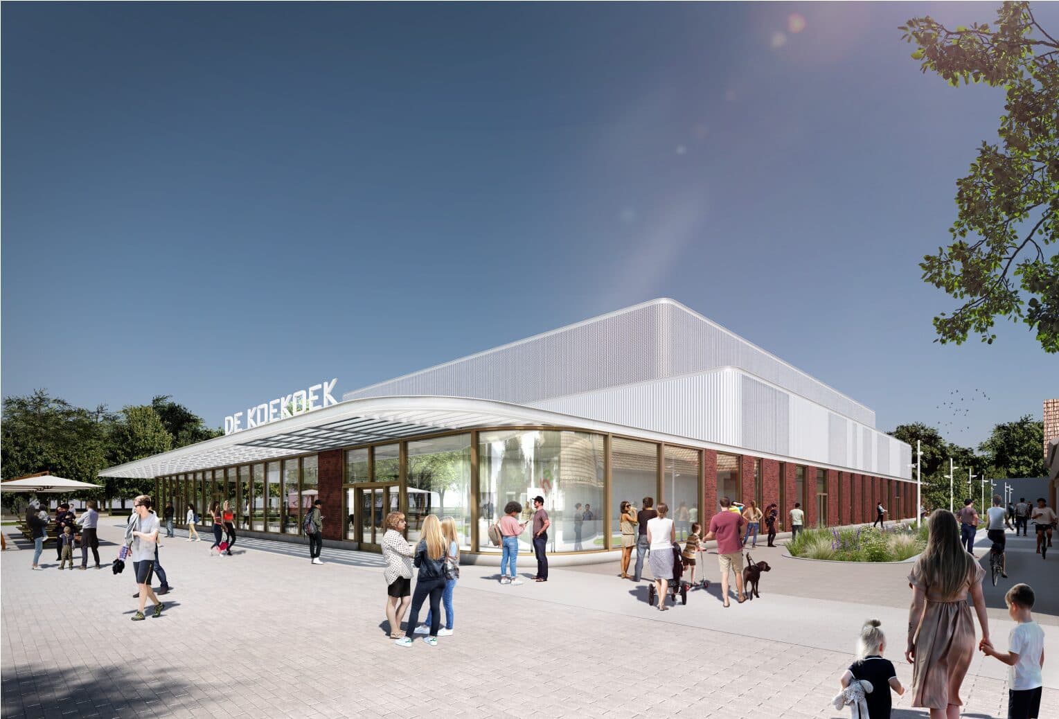 Render van sporthal De Koekoek met lichte translucente gevel, rood metselwerk en luifel boven de entree